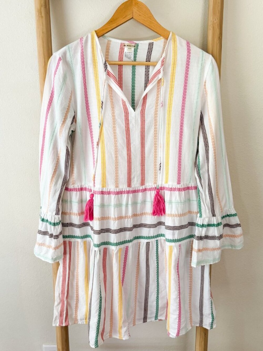 PilyQ Striped Tassel Cover Up Swim Dress Tunic White Multicolor XS/S
